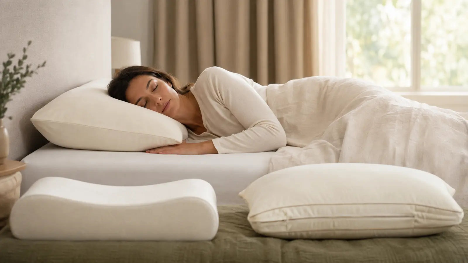 Dormeuse sur le côté comparant plusieurs profils d'oreillers