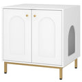 Meuble cache-litière compact blanc 60 × 50 × 61 cm, deux portes en arche, poignées dorées, entrée latérale, pieds dorés