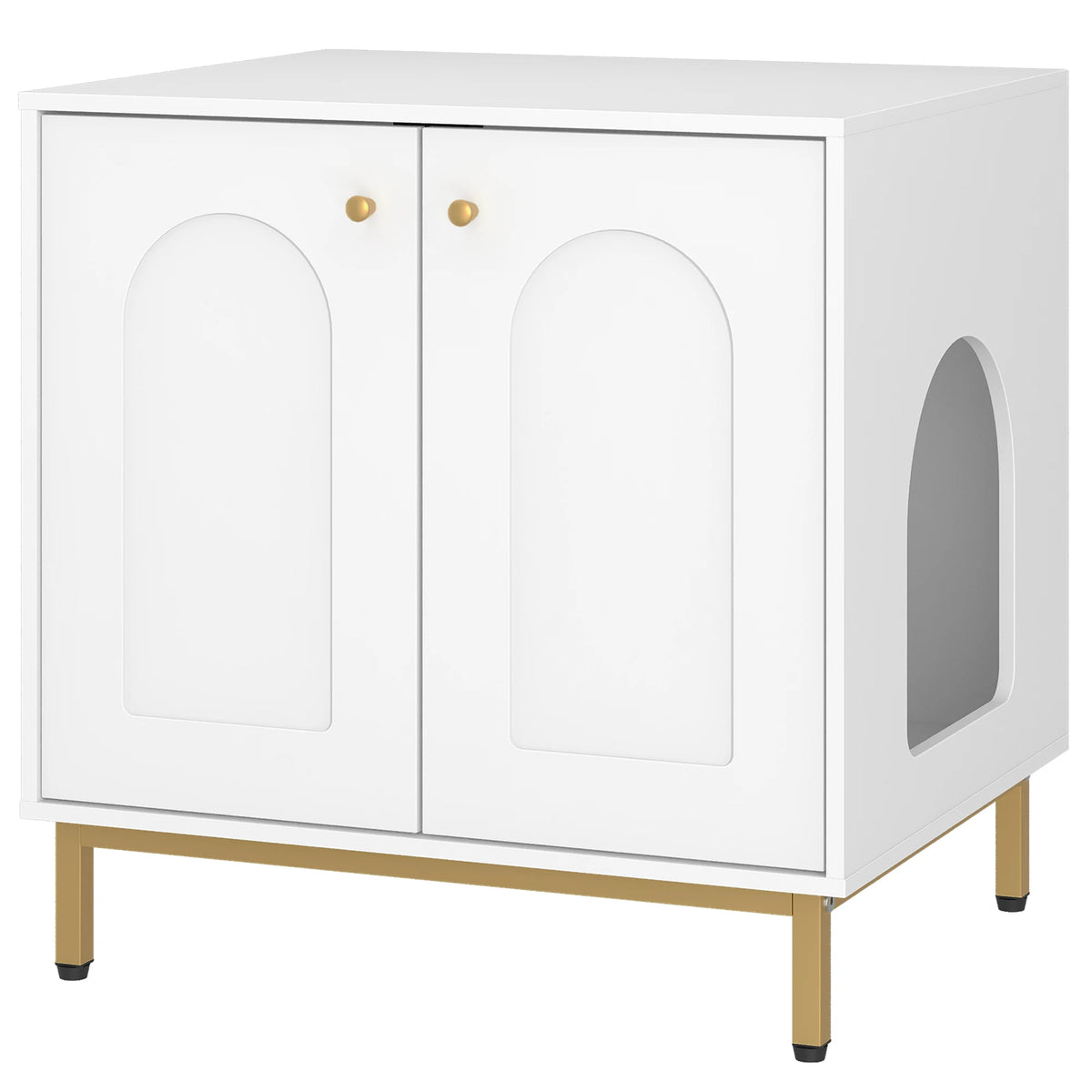 Meuble cache-litière compact blanc 60 × 50 × 61 cm, deux portes en arche, poignées dorées, entrée latérale, pieds dorés