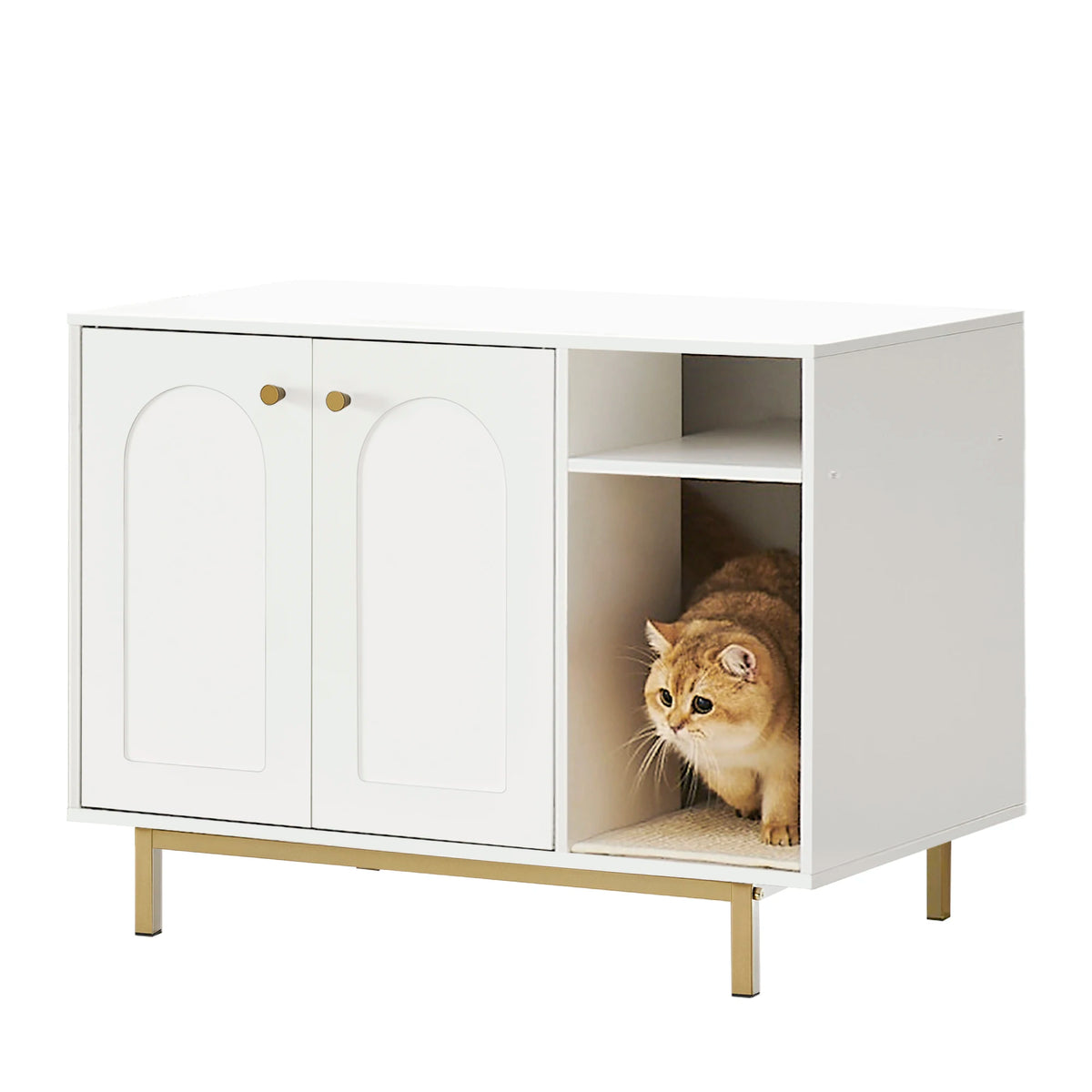 Meuble cache-litière console blanc avec un chat dans le compartiment d'accès