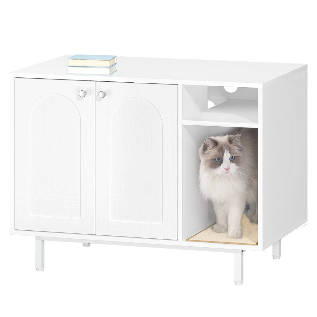 Meuble cache-litière console blanc 80 cm, deux portes et compartiment d'accès latéral