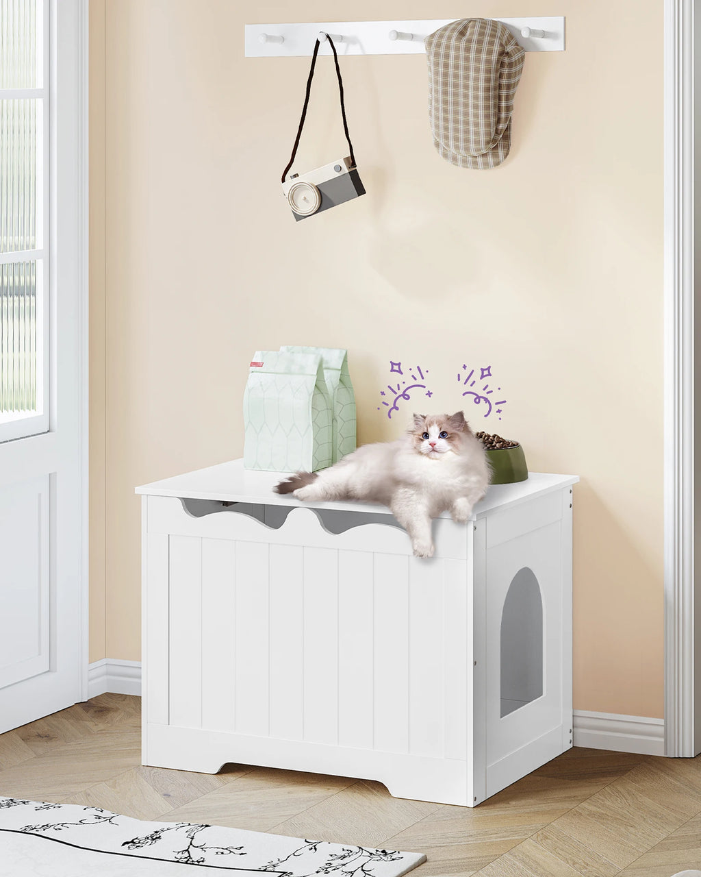 Meuble cache-litière blanc à ouverture par le dessus, 70 cm, avec un chat couché sur le couvercle