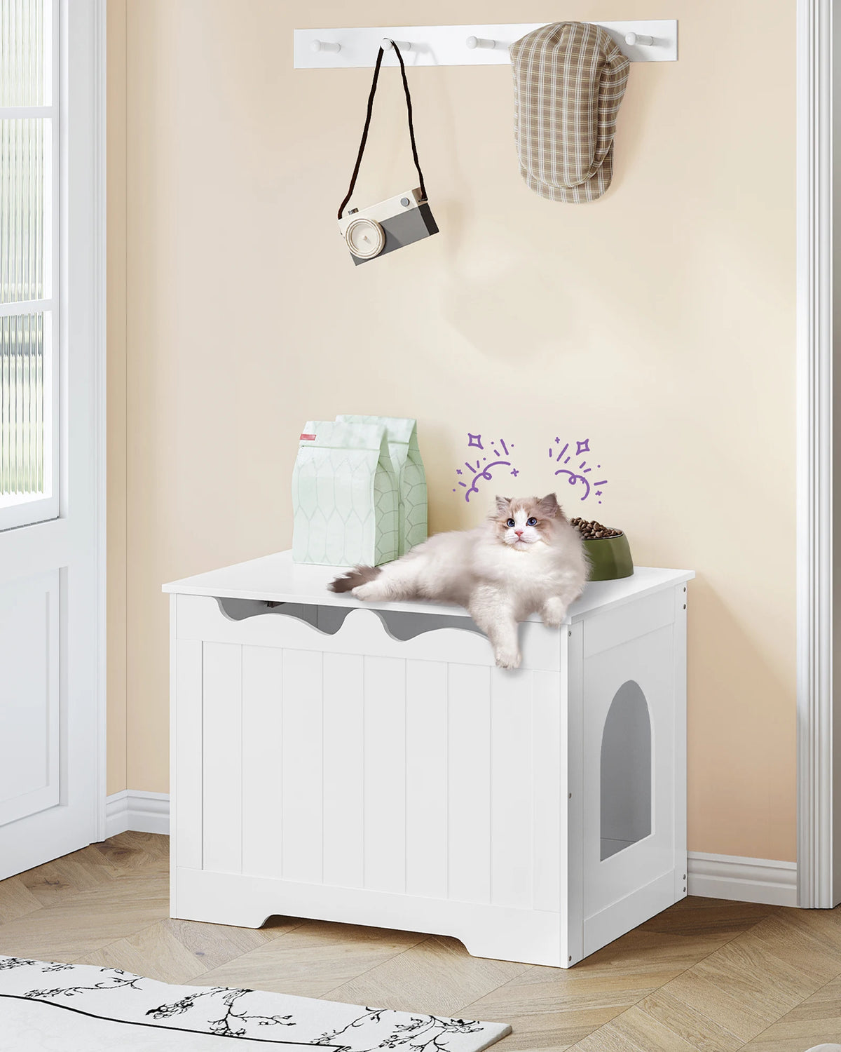 Meuble cache-litière blanc à ouverture par le dessus, 70 cm, avec un chat couché sur le couvercle