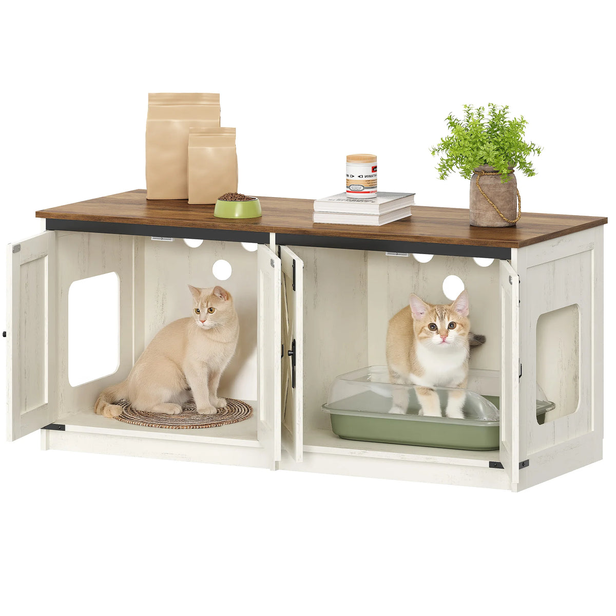 Meuble cache-litière deux chats 119 cm, blanc avec plateau bois