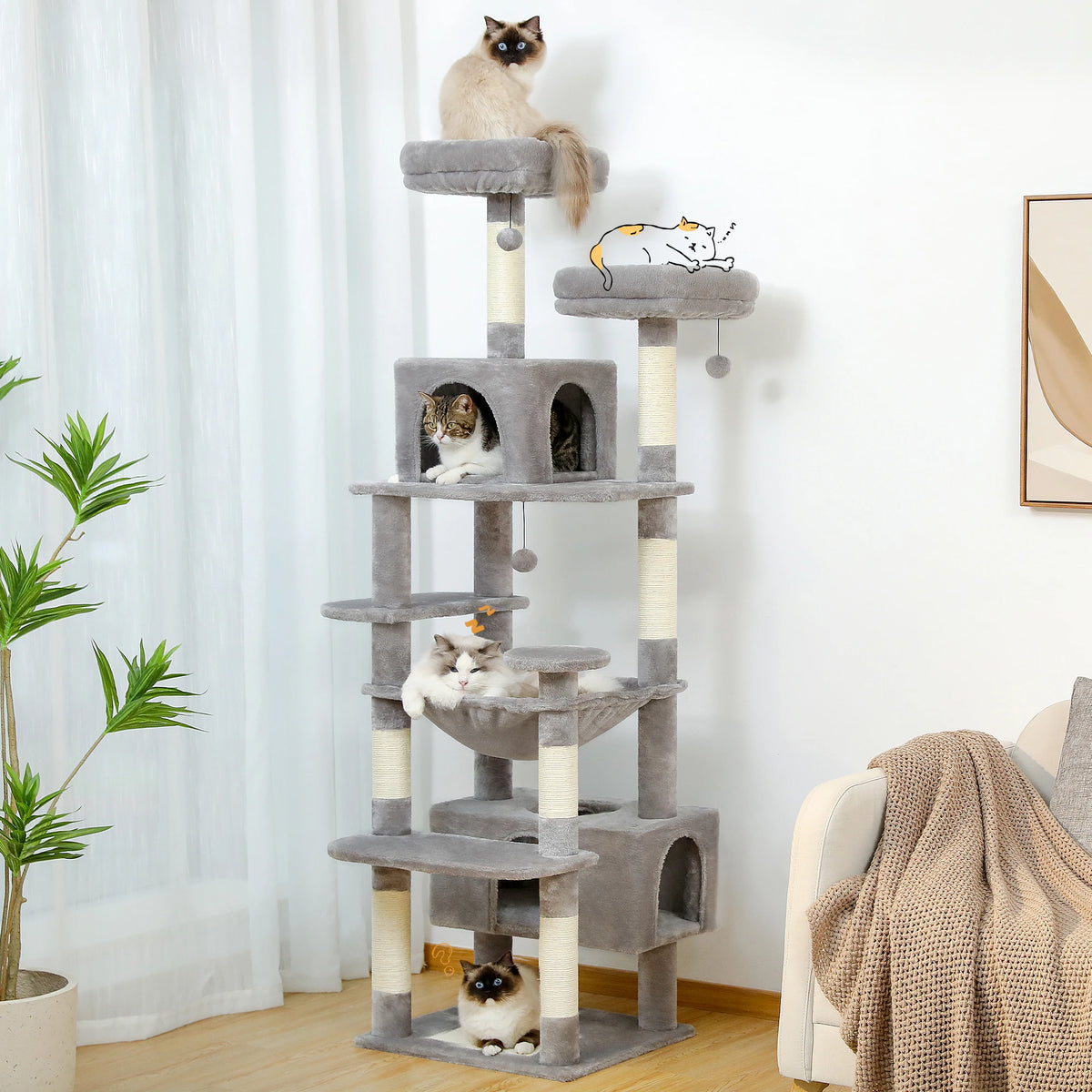 Grand arbre à chat en sisal, disponible en 136, 164 et 184 cm