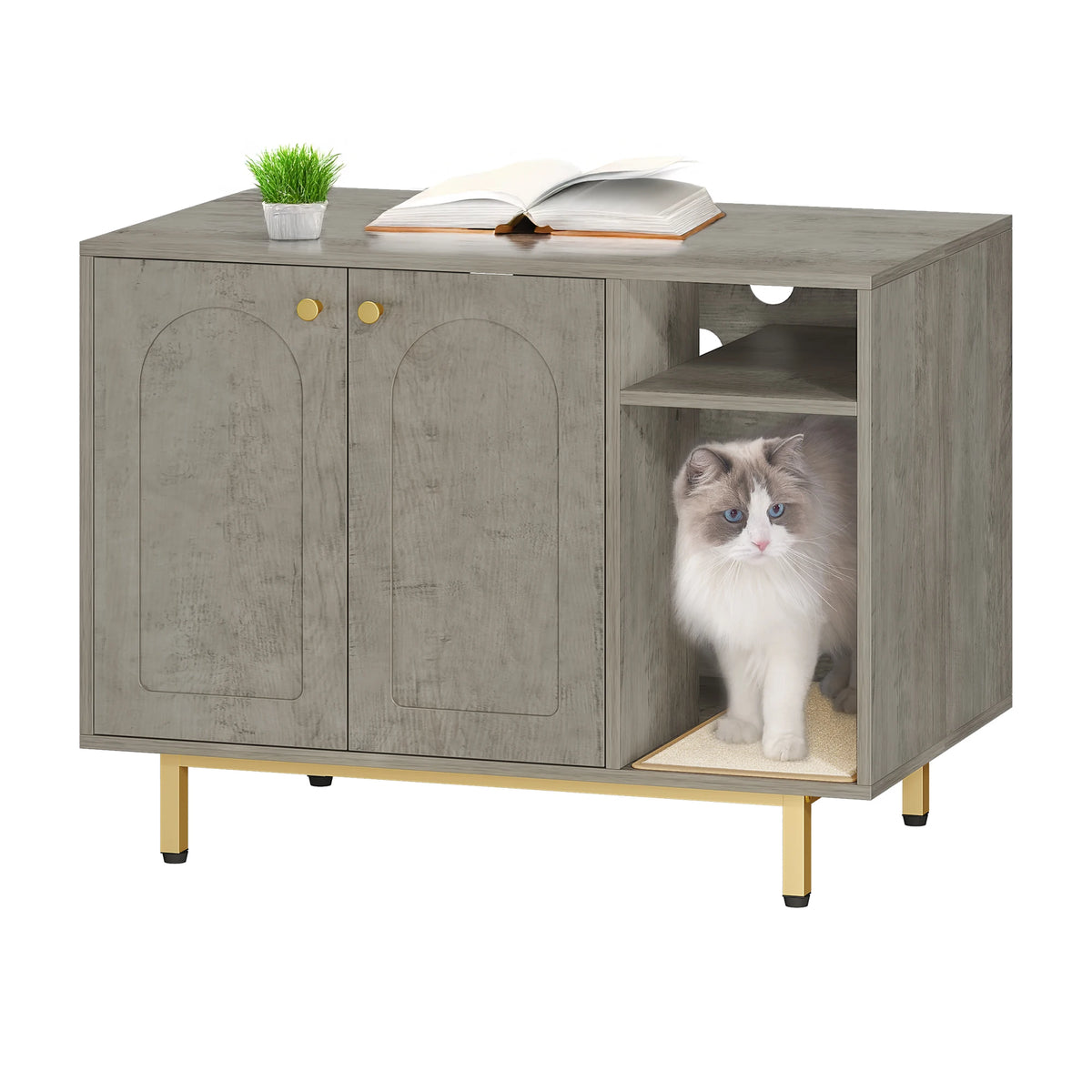 Meuble cache-litière console gris bois 80 cm