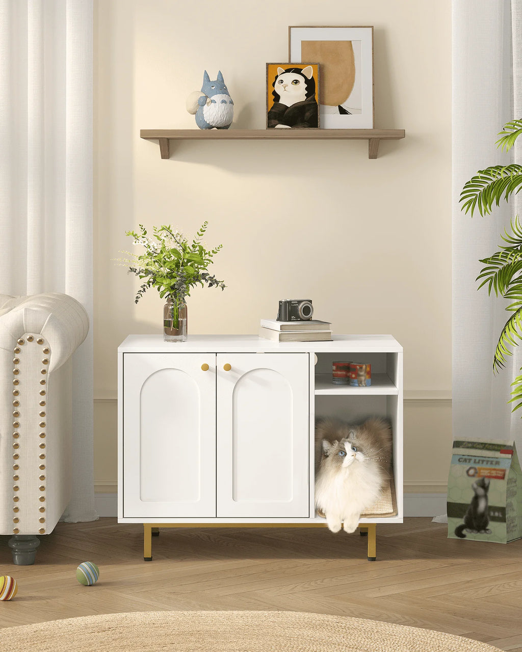 Meuble cache-litière console en situation dans un salon