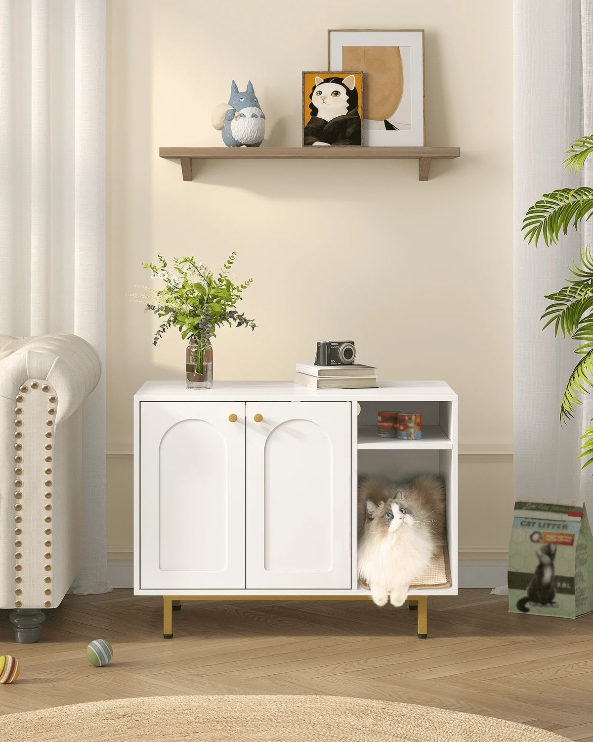 Meuble cache-litière console en situation dans un salon