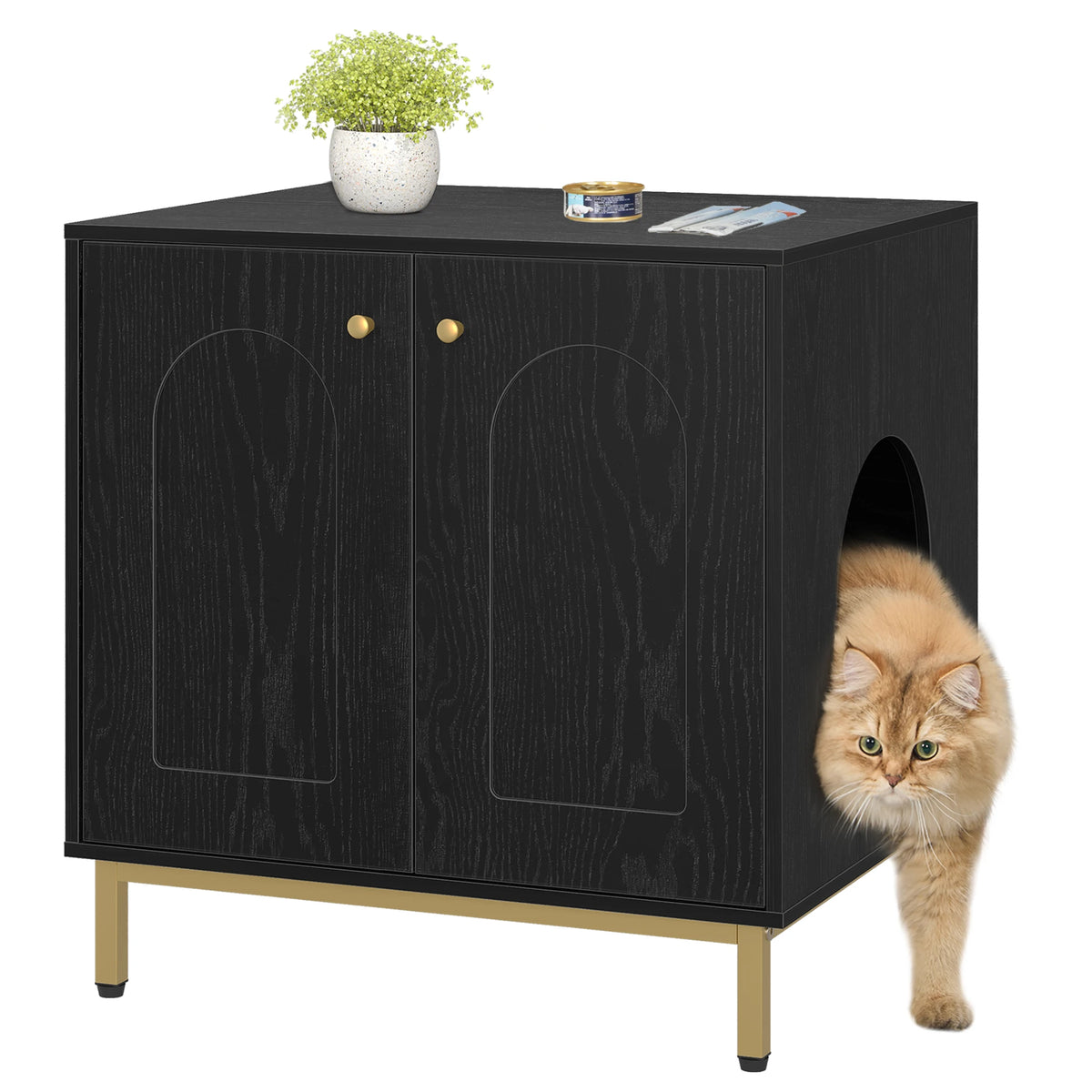 Meuble cache-litière compact noir 60 × 50 × 61 cm, chat sortant par l'entrée latérale en arche