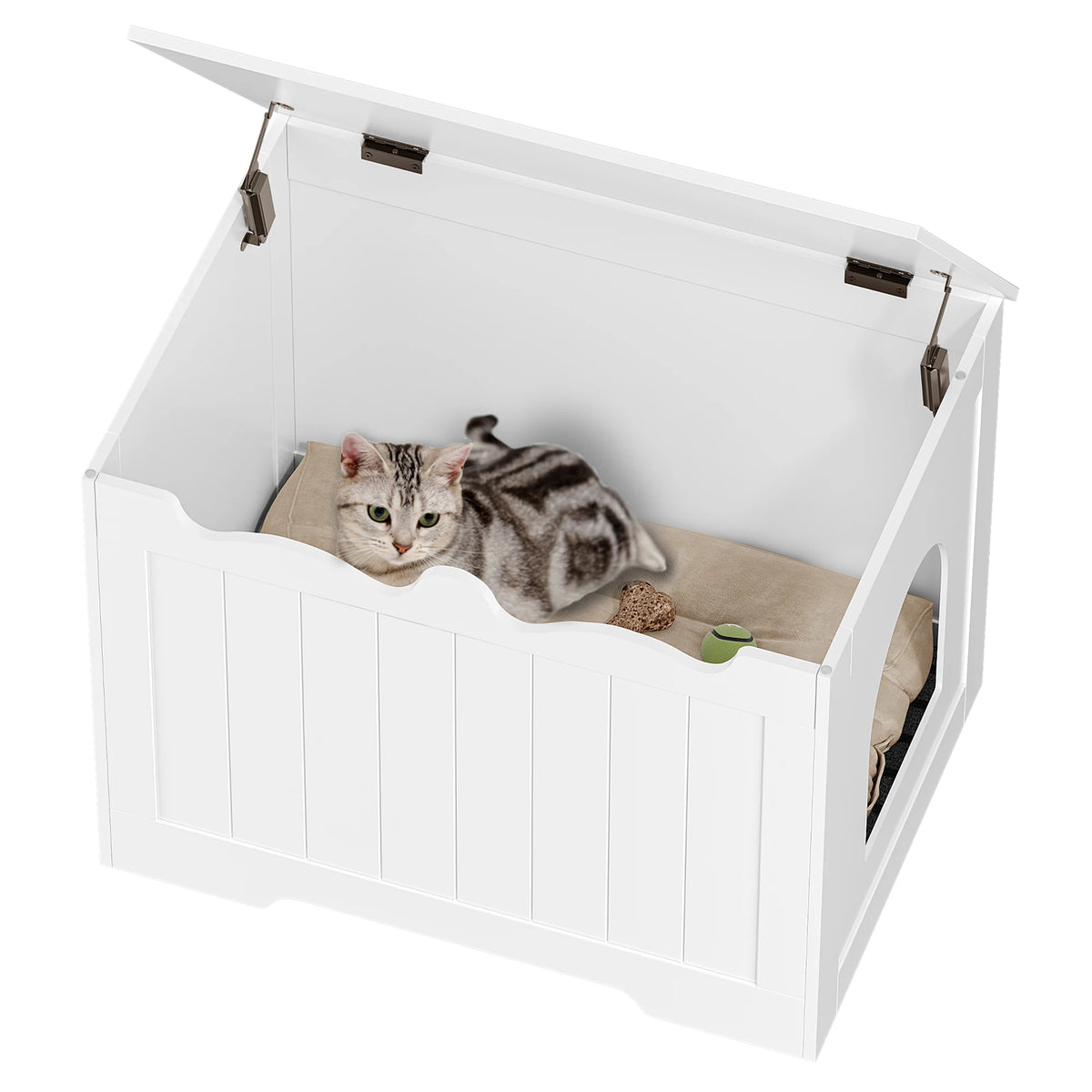 Couvercle ouvert tenu par deux vérins, chat à l'intérieur du meuble