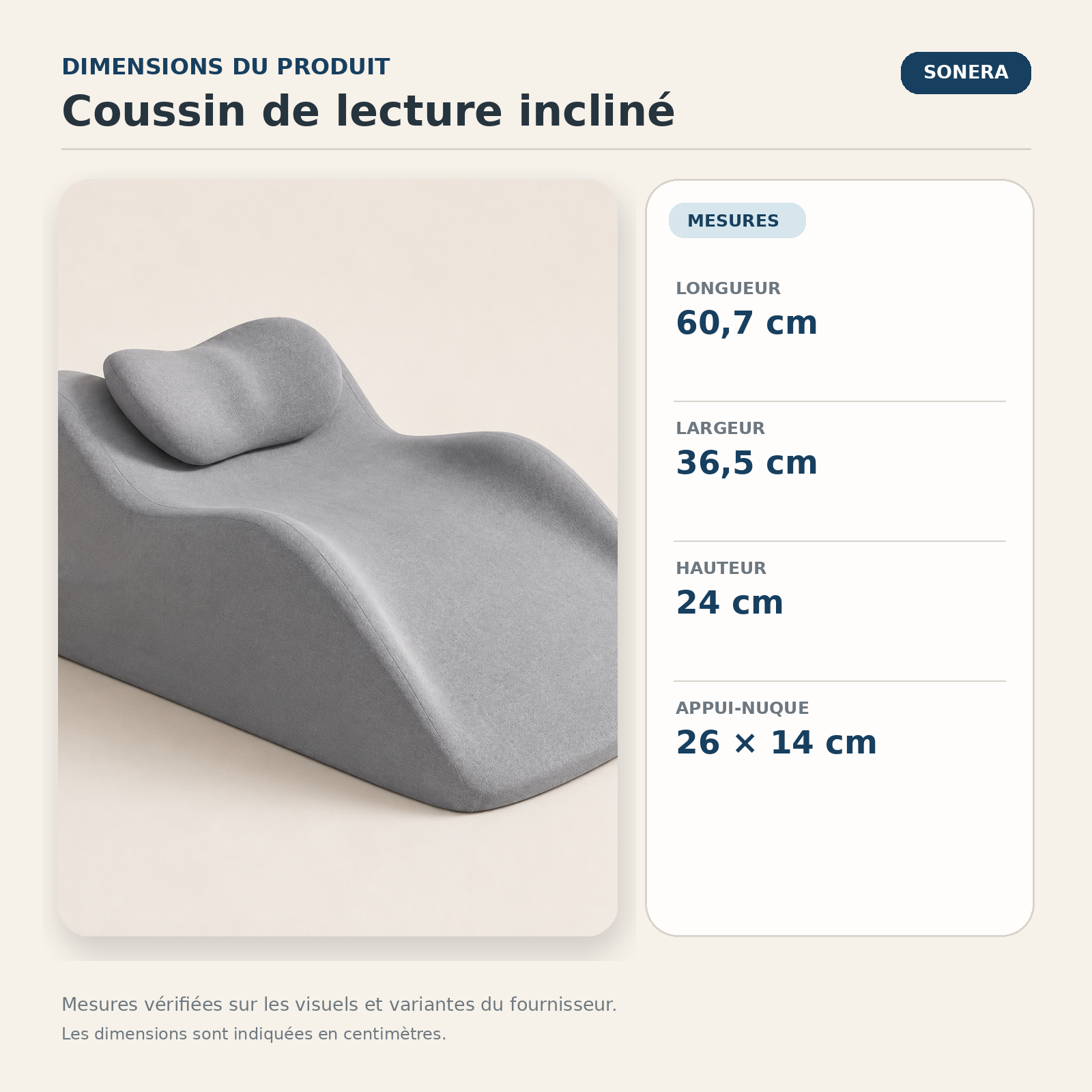 Coussin de lecture incliné — dimensions vérifiées