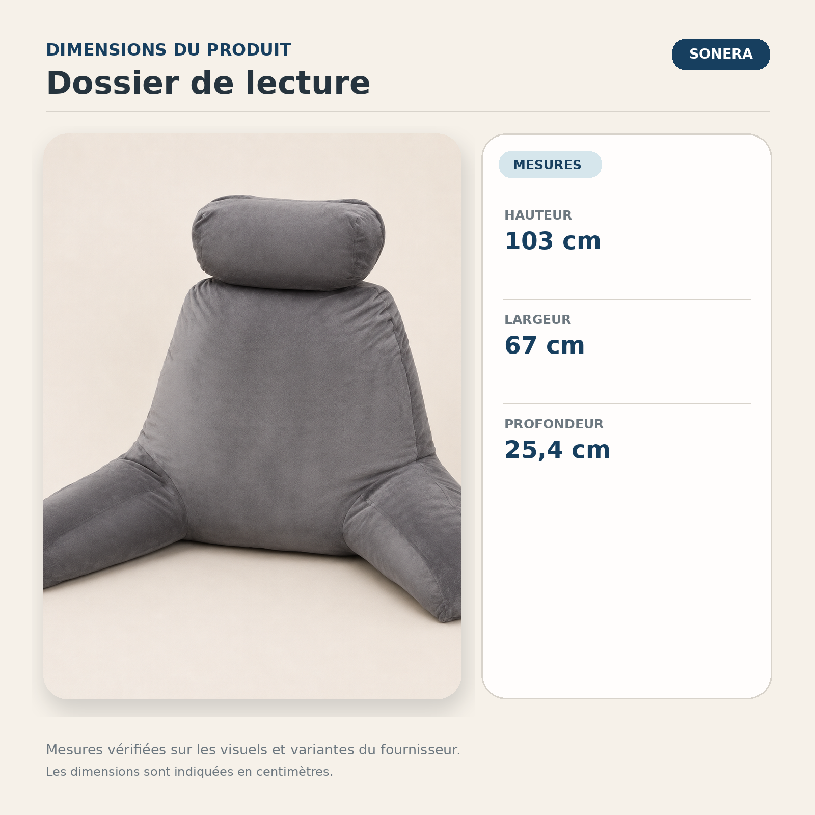 Dossier de lecture avec accoudoirs — dimensions vérifiées
