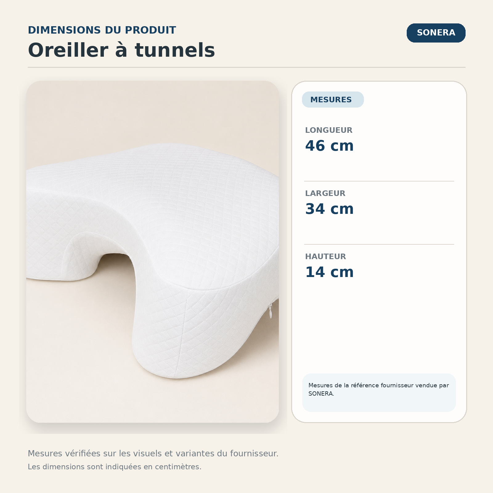 Oreiller à tunnels pour les bras — dimensions vérifiées