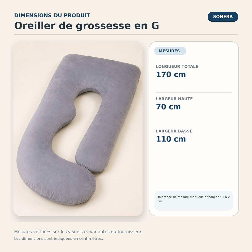 Oreiller de grossesse en G — dimensions vérifiées