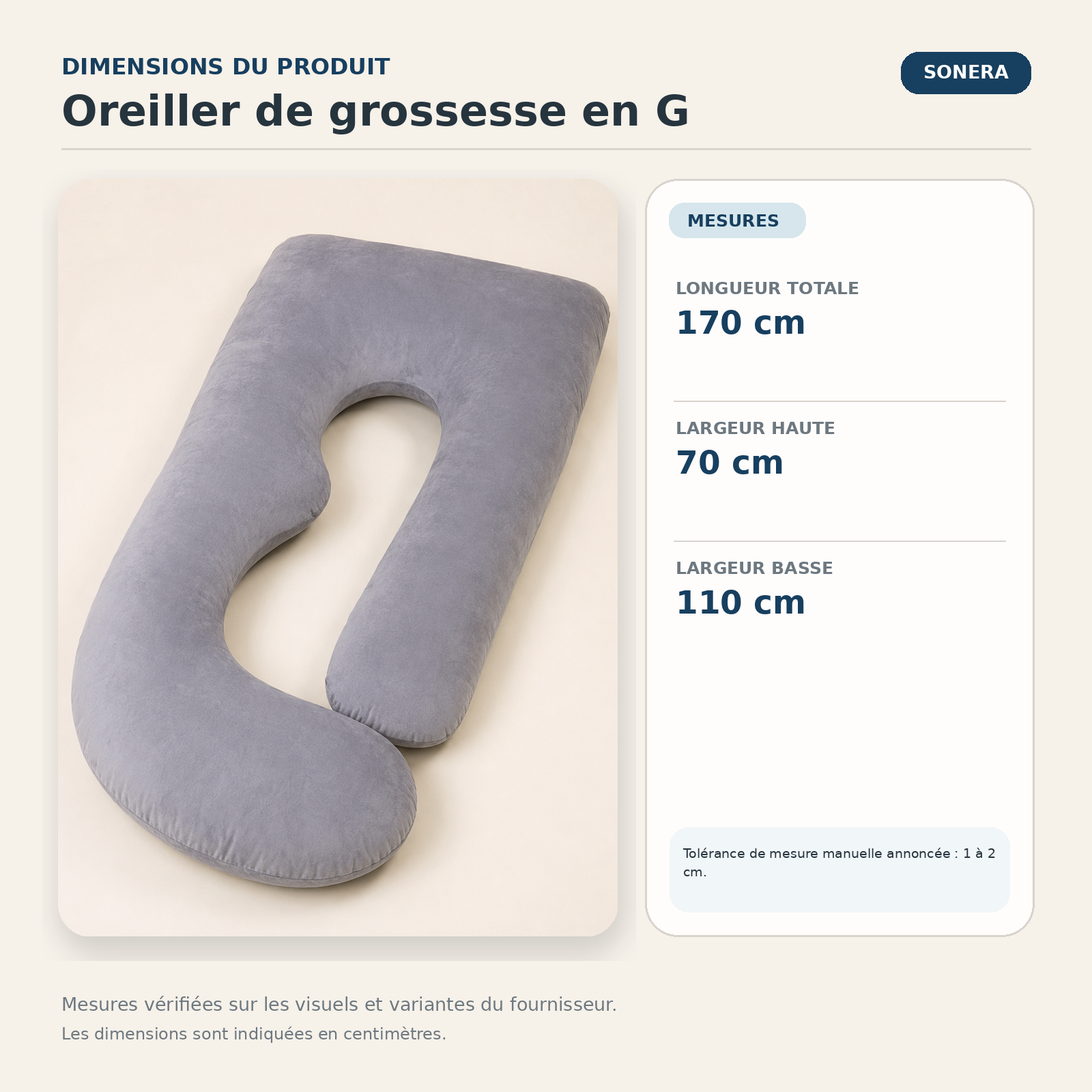 Oreiller de grossesse en G — dimensions vérifiées