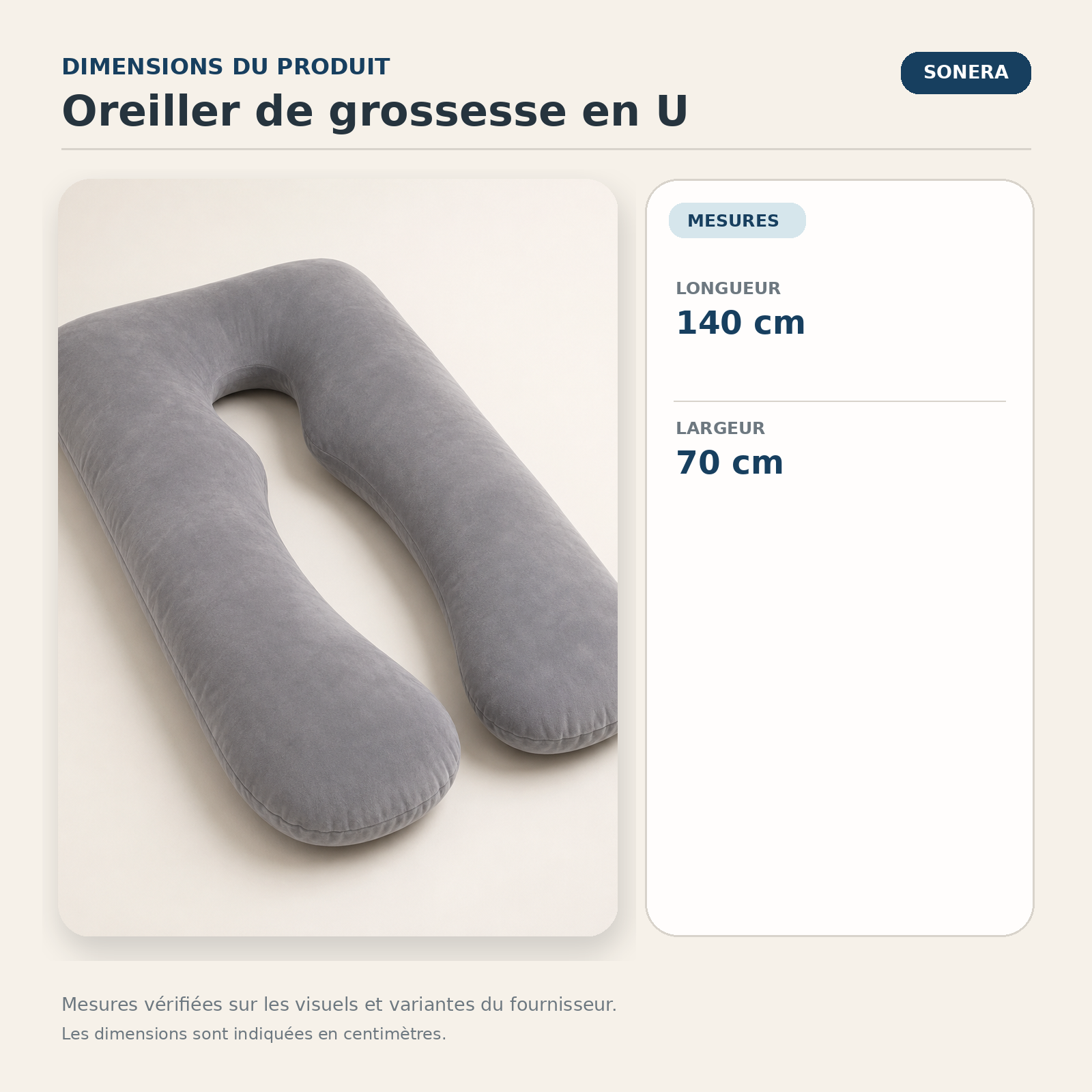 Oreiller de grossesse en U — dimensions vérifiées