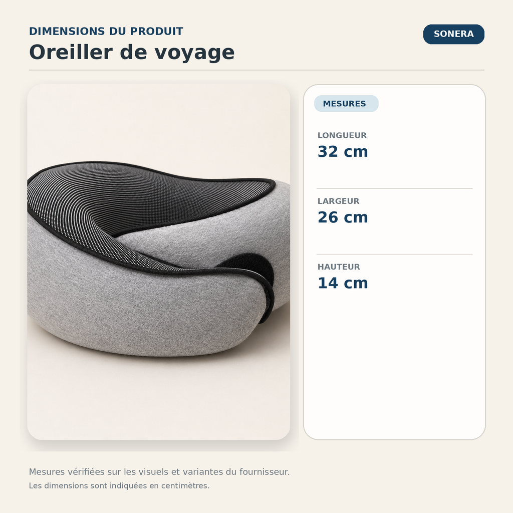 Oreiller de voyage — dimensions vérifiées
