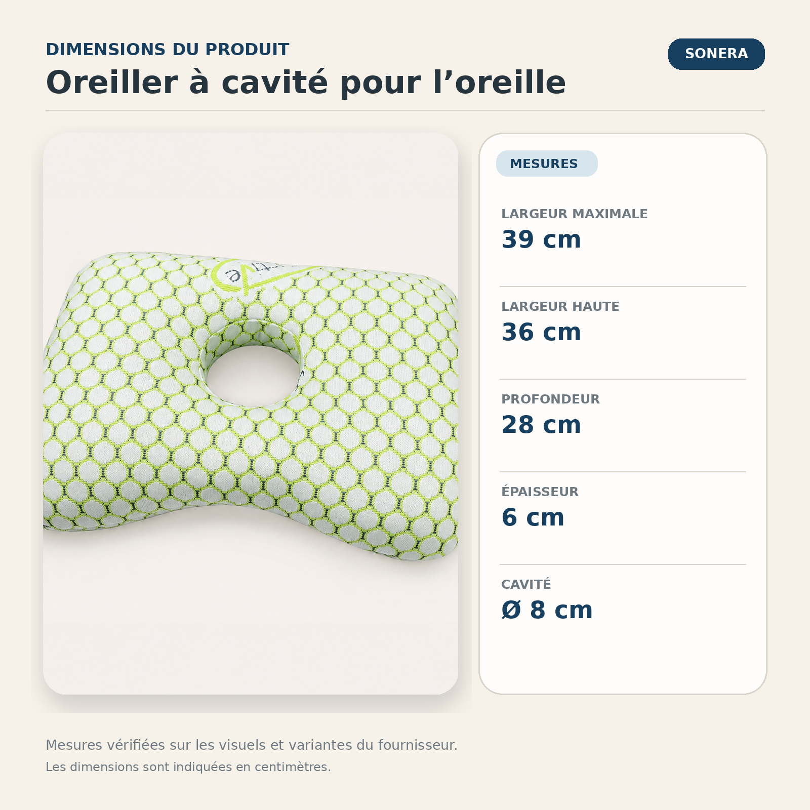 Oreiller à cavité pour l’oreille — dimensions vérifiées