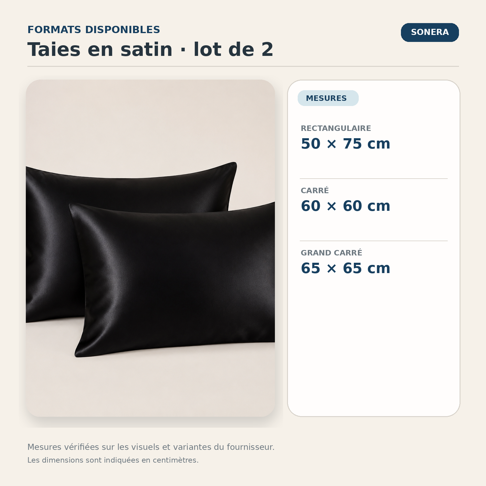 Taies d’oreiller en satin — lot de 2 — formats et dimensions vérifiés