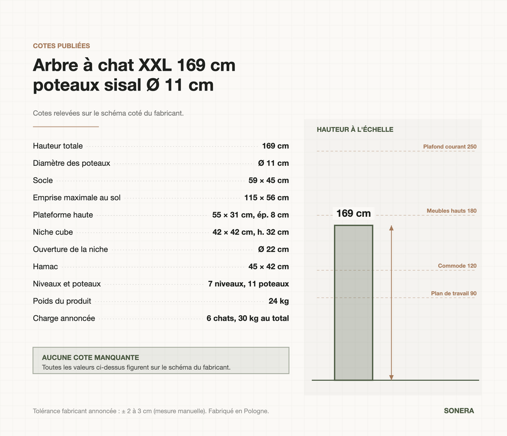 Cotes publiées de l'arbre à chat XXL 169 cm : poteaux Ø 11 cm, socle 59 × 45 cm, emprise 115 × 56 cm